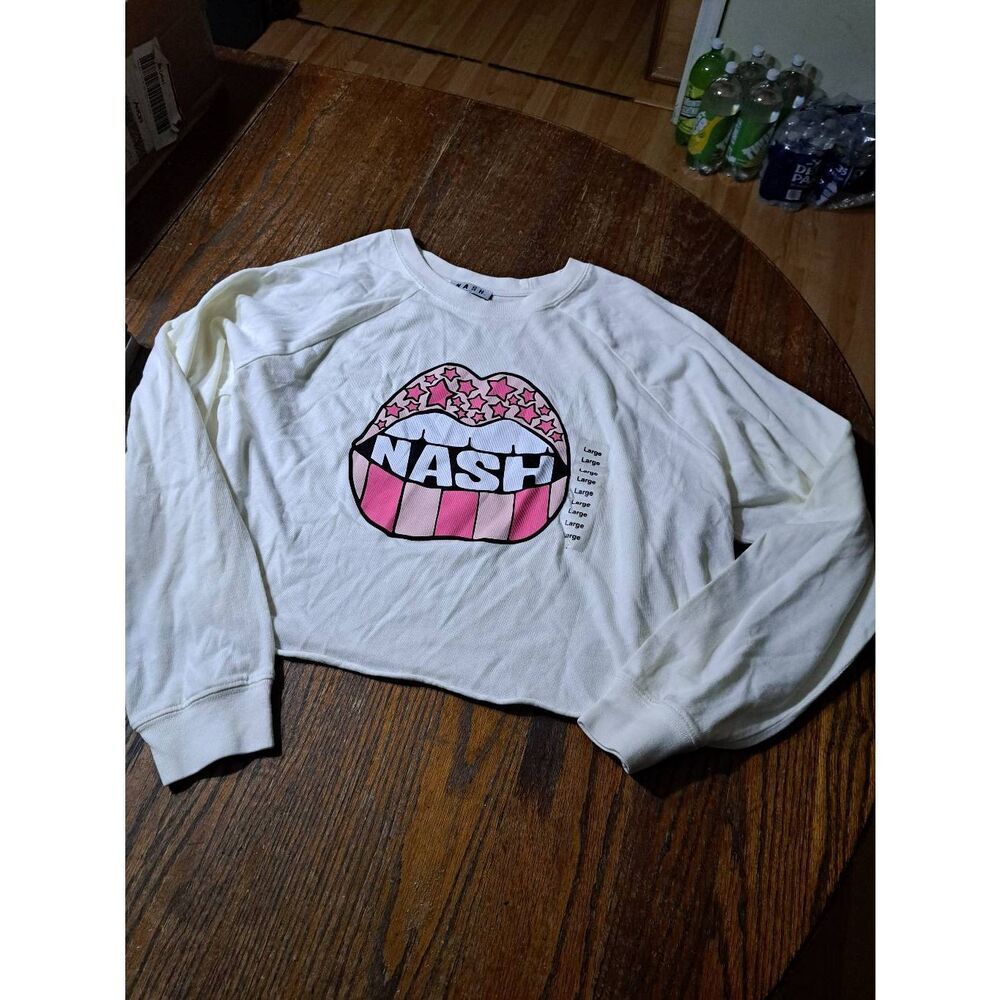 New Large The Nash Collection Harlow Crop Crew Long Sleeve Cotton Shirt Top